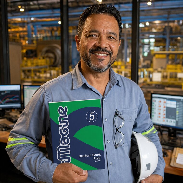 Engenheiro segurando o livro iMagine 5 — aluno que aprendeu inglês para o trabalho