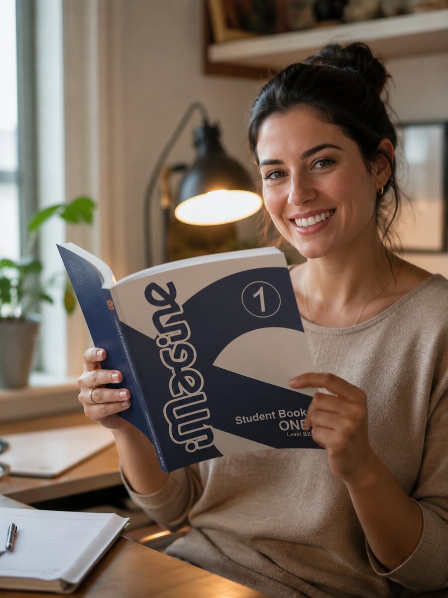 Lächelnde Schülerin mit dem Buch iMagine 1 am Schreibtisch