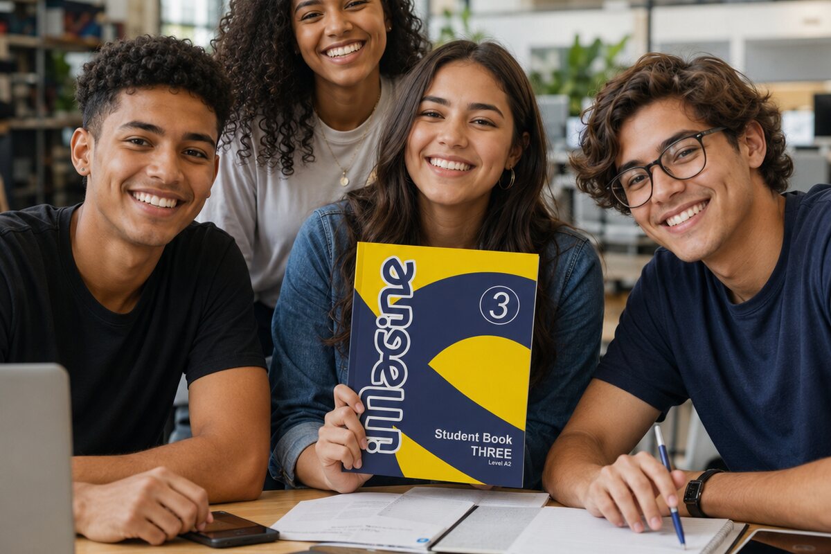 Grupo de estudantes iMagine estudando juntos com o material do curso